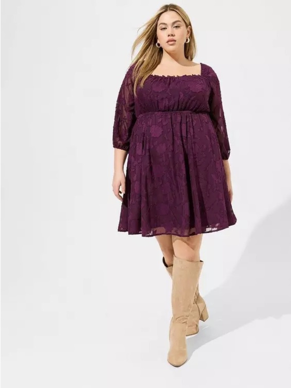 Torrid 3 Plum Purple Floral Clip Dot Chiffon Babydoll Dress.